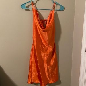 Orange satin/silk type slip-on dress w/ multiple ways to tie the back!